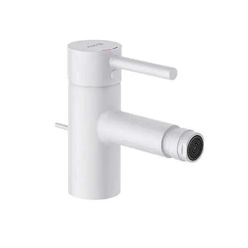 Weißer Wasserhahn von Kludi mit einem schlanken Design, einem einziehbaren Auslauf und einem Hebel zur Steuerung der Wassertemperatur.
